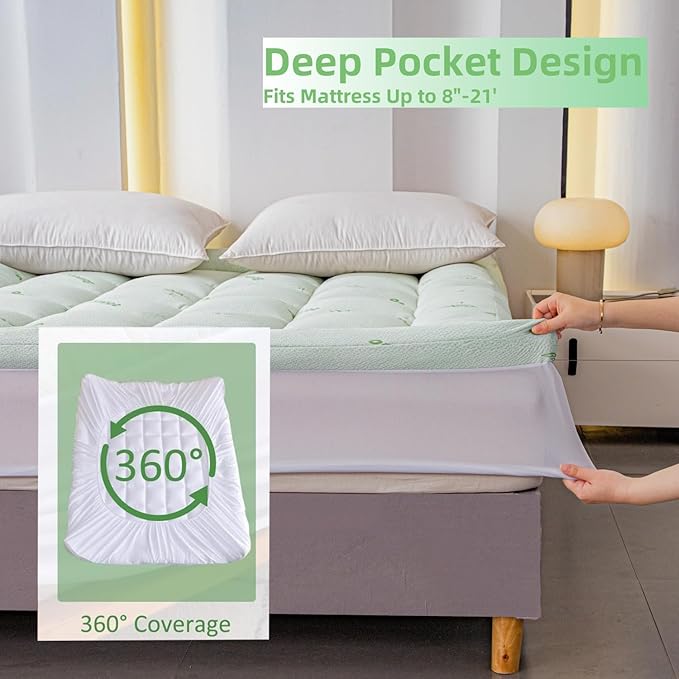 Ultra Soft Queen Size Mattress Topper - Premium Viscose Made from Bamboo, Quilted Fitted Extra Thick Mattress Pad, Pillow Top Mattress Cover with Deep Pocket Cover Fits 8–21 Inch (California King)