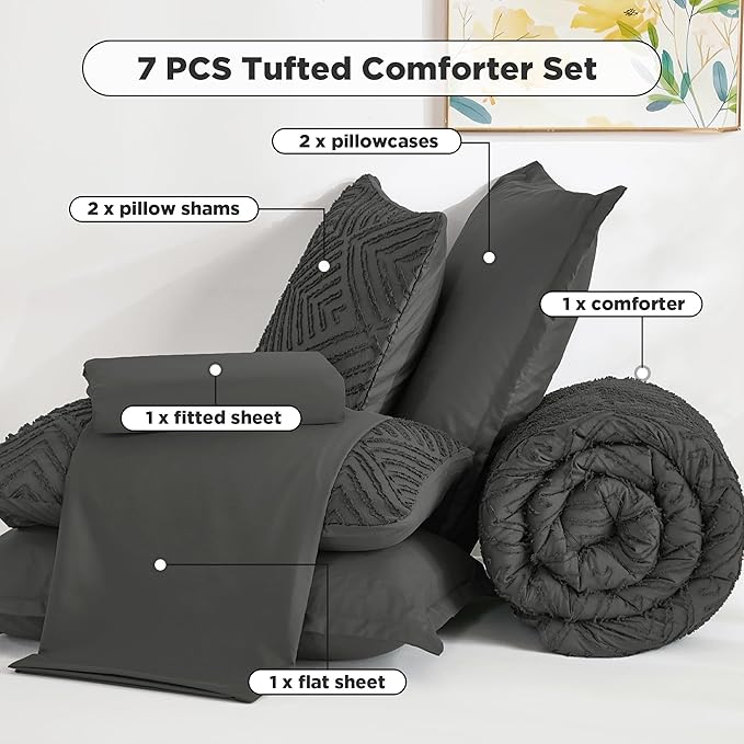 Andency Oversized Queen Comforter Set 7 Piece Dark Grey - Bed in a Bag Oversized Queen Boho Lightweight Fluffy Tufted Bedding Sets with Comforter, Sheets, Pillowcases & Shams