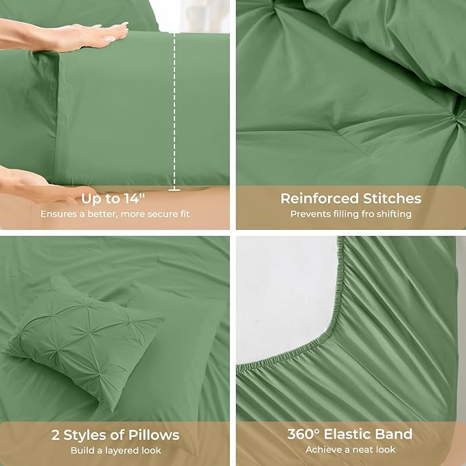 Sasttie California King Comforter Set, 7-Piece Bed in a Bag, Pintuck Bedding Sets for All Season, Includes Comforter, Flat Sheet, Fitted Sheet, Pillowcases and Pillowshams, Green