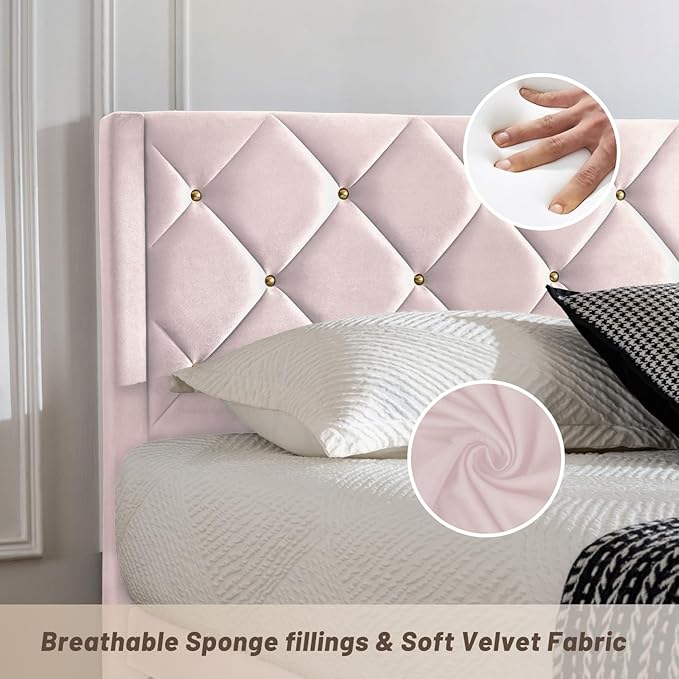 Queen Bed Frame with Headboard, Bed Frame Queen Size with Sturdy Wooden Slats Support, Platform Frame with Velvet Upholstered Headboard, Mattress Foundation, Easy Assembly, No Box Spring Needed Pink