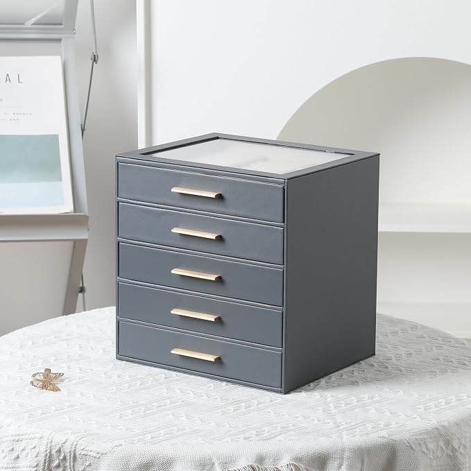 Frebeauty Clear Lid Jewelry Box,5-Layer Jewelry Organizer with Drawer,PU Leather Jewelry Organizers and Storage,Jewelry Boxes for Women,Jewelry Storage for Rings Earring Stud,Gift for Women(Grey) - Image 6