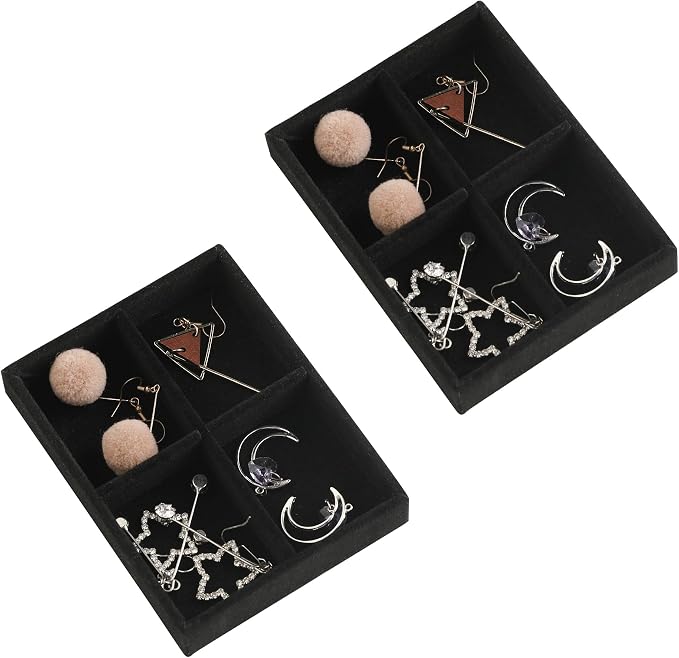 Frebeauty Small Jewelry Tray Set,Stackable Velvet Jewelry Organizer Tray,Mini Jewelry Drawer Organizer,Drawer Inserts,4.92 x 3.74 x 0.9 Inches,4 Grid Earring Organizer for Women(Set 2,Black) by Frebeauty