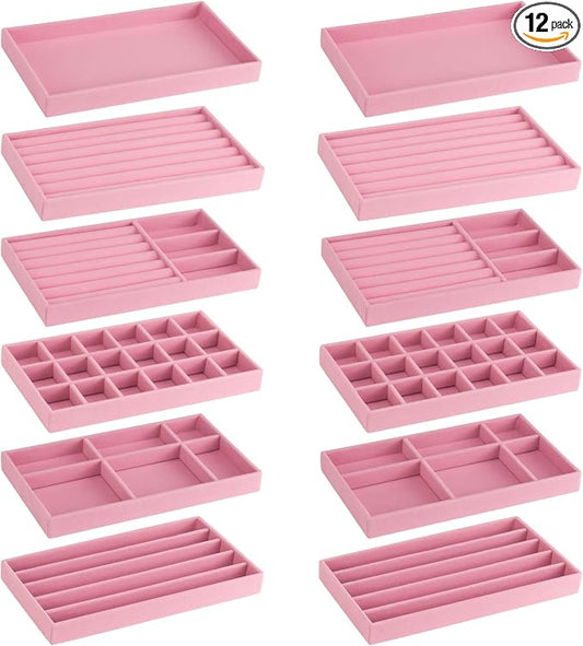 12Pcs Velvet Stackable Jewelry Trays, Jewelry Drawer Organizer, Large Removable Display Jewelry Tray, Necklace Bracelet Storage Box for Earring, Ring, Brooch, Watch (Pink) by FHDUSRYO