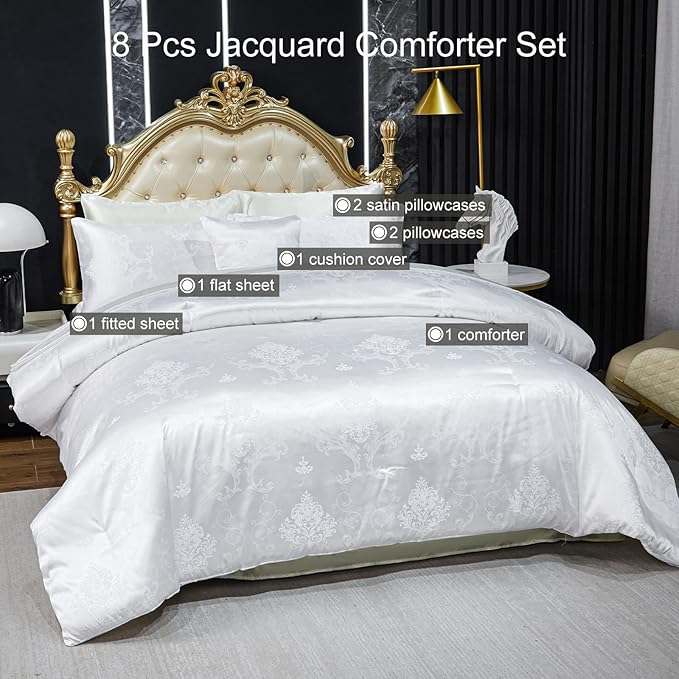 Jacquard Comforter Set White Sheet Set Satin Bedding Set Queen 8 Pcs Vintage Neoclassical Floral Bed Home Decor Soft Comforter Luxury Hotel Silky Bed in a Bag with 1 Cushion Cover