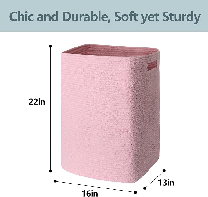 MEGASKET Large Laundry Hamper 16"x13"x22" - Tall Woven Laundry Basket, Cotton Rope Dirty Clothes Hamper, Baby Kids Nursery Wicker Laundry Basket, Bedroom Aesthetic, Soft Laundry Bin, Pink Hamper, 75L - Image 2