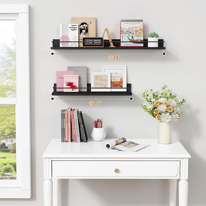 Forbena 24 Inch Wall Shelves for Bedroom 3-Pack, Black Floating Shelves with Rail, Vintage Large Floating Book Shelves for Bathroom Kitchen Living Room Office Decor Kids Room Legos Display (Black) - Image 2