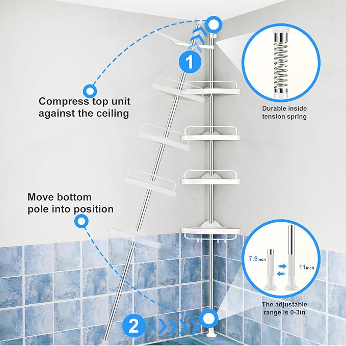 HAMITOR Corner Shower Caddy Tension Pole: Adjustable Stainless Steel Shower Organizer with 4 Tier Shelf for Bathroom Bathtub Tub Shampoo - Floor Standing Rack Bath Storage Holder with Rust Proof Rods - Image 6
