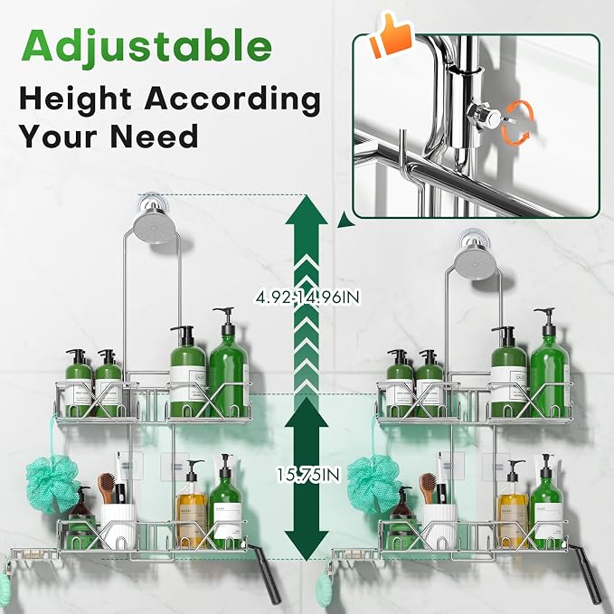 Sewulidon Stainless Steel Shower Caddy Hanging for Handheld Shower Heads,Rustproof Hose Shower Organizer Adjustable Length Shower Rack with 24 Hooks,Razor Holder,Soap Holder - Image 5
