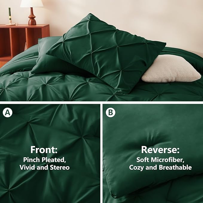 CozyLux Queen Comforter Set Emerald Green, 7 Pieces Pintuck Bed in A Bag, Premium Green Comforter Queen Size, Pinch Pleat Bedding Sets with Comforter, Sheets, Pillowcases & Shams