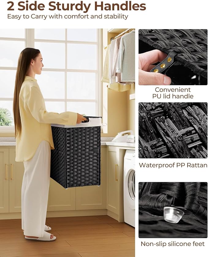 Greenstell Laundry Hamper with lid, No Install Needed, 130L Wicker Laundry Baskets Foldable 2 Removable Liner Bags, 2 Section Clothes Hamper Handwoven Rattan Laundry Basket with Handles, Black - Image 3