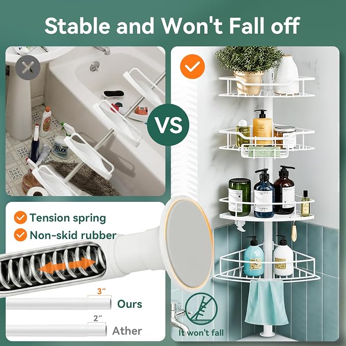 Corner Shower Caddy Tension Pole, 4 Tier Rustproof Shower Tension Rod Organizer, Adjustable 25-125 Inch Bathroom Shower Organizer Shelves for Bathtub Shampoo Storage, White - Image 2