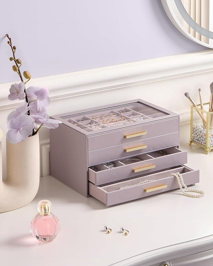 Lolalet Jewelry Box Organizer, 4-Layer Jewelry Organizers and Storage Case with Glass Lid, Ring Earring Bracelet Necklace Holder Organizer, Birthday Valentine Gifts for Women Girls -4Layer, HazePurple - Image 2