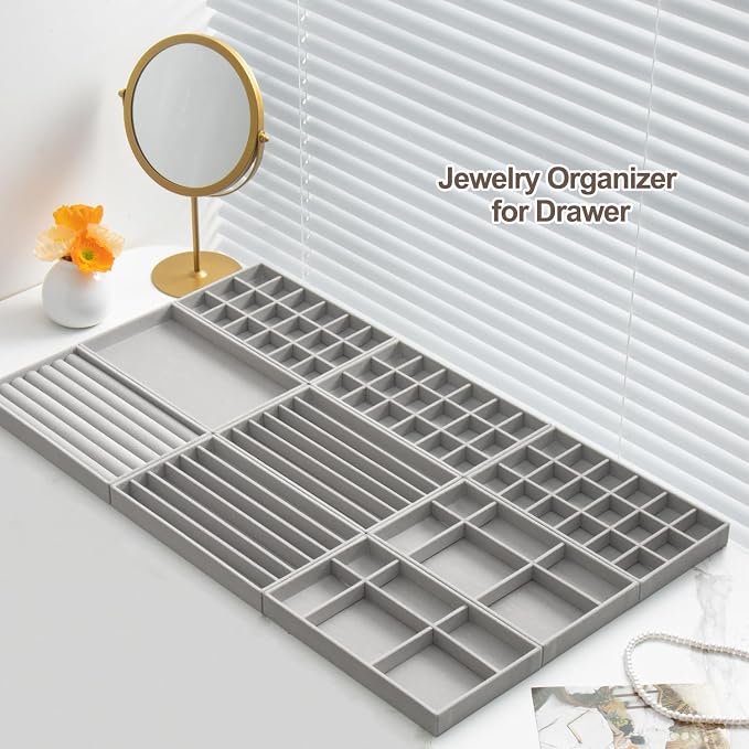 SPAKOWN Jewelry Drawer Organizer Inserts Set of 9, Velvet Jewelry Trays for Drawers, Storage for Earring, Ring, Necklace, Watch, Bracelet (Grey) - Image 2