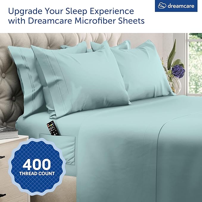 DREAMCARE King Size Sheets Set - 6 pcs Breathable Cooling Bed Sheets - up to 15" Deep Pocket King Sheet Set with Side Pockets - Extra Soft 100% Brushed Hypoallergenic Hotel Luxury Bedding - Spa Blue