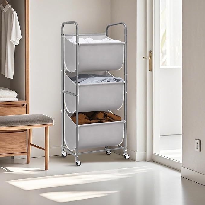 STORAGE MANIAC 120 Liters Vertical Rolling Laundry Hamper, 3 Section Laundry Sorter with Wheels and 2 Breaks, 3-tier Laundry Baskets for Small Space, Dorm, Laundry Room, Closet, Bathroom, Gray 3-tier - Image 7