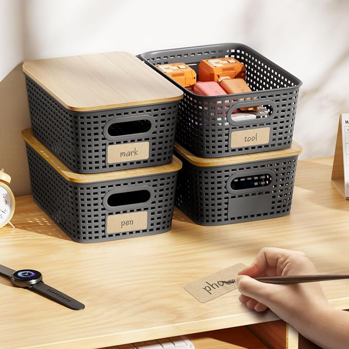 6Pcs Storage Bins with Lids, Stackable Plastic Storage Basket with Bamboo Lid, Pantry Organizer Box Small Containers for Organizing Shelves Drawer Desktop Closet Cabinet Office Classroom 10x7.1x4.1in - Image 9