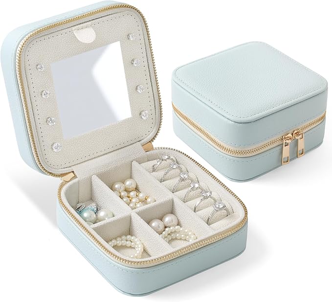 Genuine Leather Travel Jewelry Organizer Case with Mirror for Women, Small Mini Portable Jewelry Box for Ring Earrings Necklace Bracelet Luxury Gift for Women（Light Blue） by NGVRC