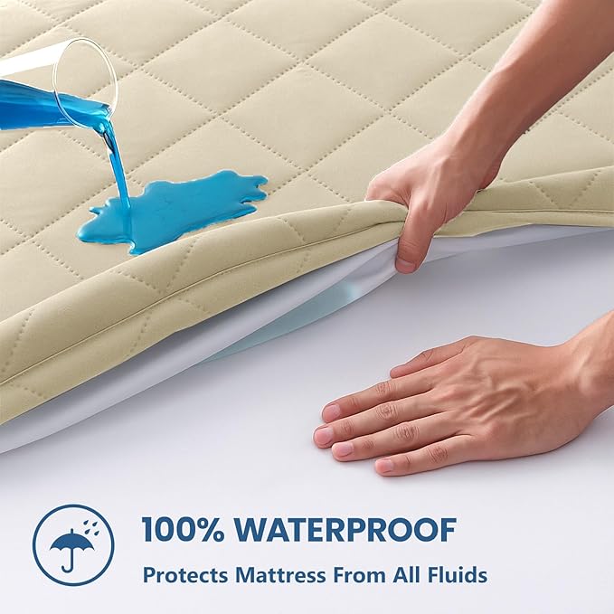 Twin XL Mattress Protector,Waterproof Mattress Protector Fitted Up to 16" Deep Pocket, Soft Breathable Bed Mattress Cover for Bedroom,Doom Room,(Khaki)