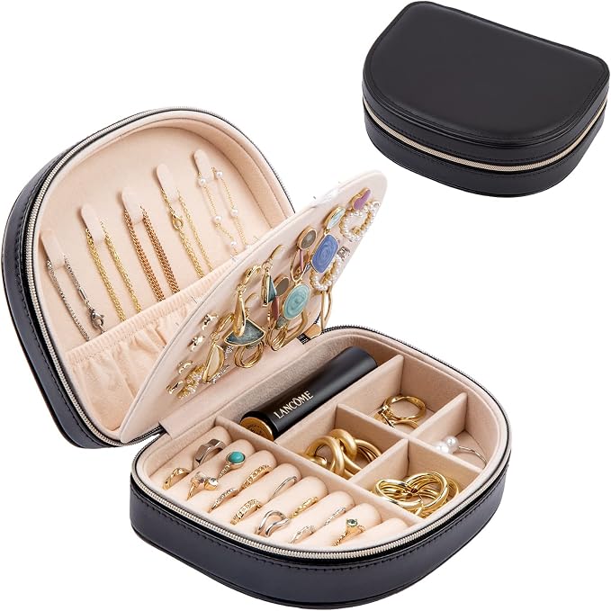 ProCase Travel Size Jewelry Box, Medium Portable Seashell-Shaped Jewelry Case, 2 Layer Jewelry Organizer in PU Leather for Women -Black by ProCase