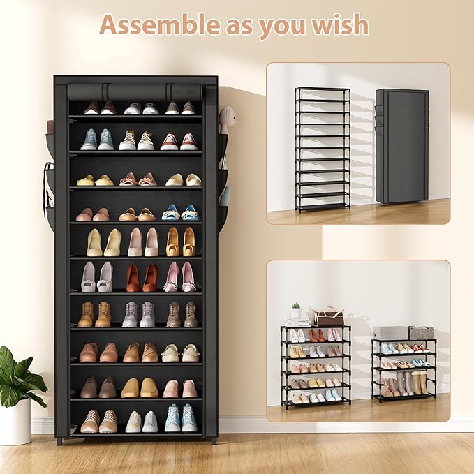 VTRIN Vertical Narrow Shoe Rack Organizer Tall Shoe Rack for Closet Entryway 10 Tier Non-Woven Cover Shoe Shelf Holds 36-41 Pairs Free Standing Shoe Storage Cabinet with Dustproof Cover, Black - Image 5