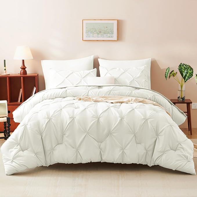 CozyLux Full Size Comforter Sets Ivory, 7 Pieces Pintuck Bed in A Bag Ivory Comforter Full Size, Pinch Pleat Bedding Sets with All Season Comforter, Sheets, Pillowcases & Shams