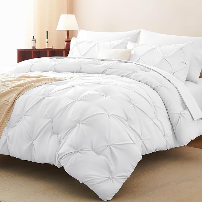 CozyLux Twin XL Comforter Set White, 5 Pieces Twin Extra Long Pintuck Bed in A Bag for College Dorm, Pinch Pleat Bedding Set with Comforter, Sheets, Pillowcase & Sham