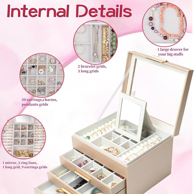 BOOVO Clear Lid Jewelry Box,4 Layers Jewelry Organizer Large Jewelry Storage Box with 3 Drawers,Jewelry Holder Organzier of Rings Earrings Necklace Bracelets for Women (Champagne, 4 Layer) - Image 2