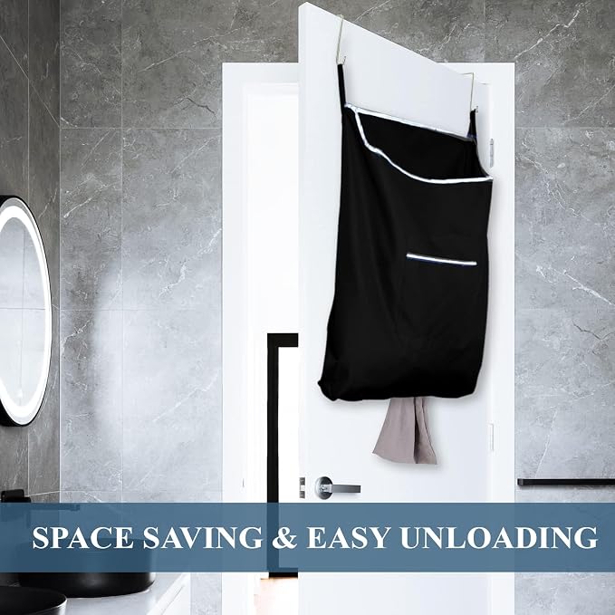 The Fine Living Co. Large Hanging Laundry Hamper with Over Door Hooks & Adhesive, Durable Space Saving Laundry Bag with Zipper and Wide Open Top, Hanging Dorm Laundry Hamper 18"x4.75"x28" (Black-L) - Image 6