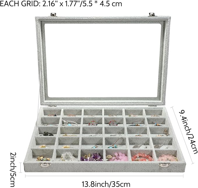 Stratalife Jewelry Organizer Jewelry Holder Storage Earring Organizer Box Tray with Lid Velvet Earring Display for Drawer 30 Grid Grey - Image 6