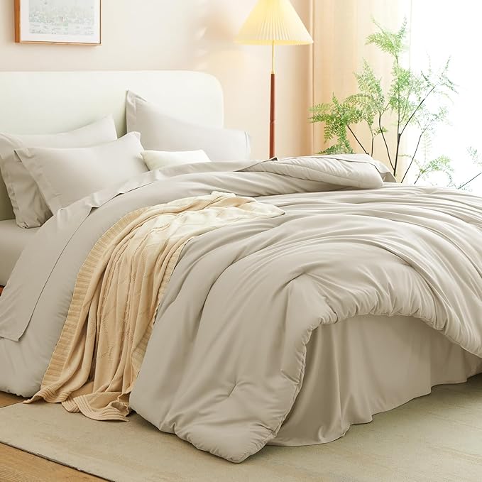 CozyLux King Size Comforter Set Oatmeal, 7 Pieces Bed in a Bag King Comforter Set with Sheets, Luxury Soft Bedding Sets with Down Alternative Comforter, Fitted Sheet, Flat Sheet, Pillowcases & Shams