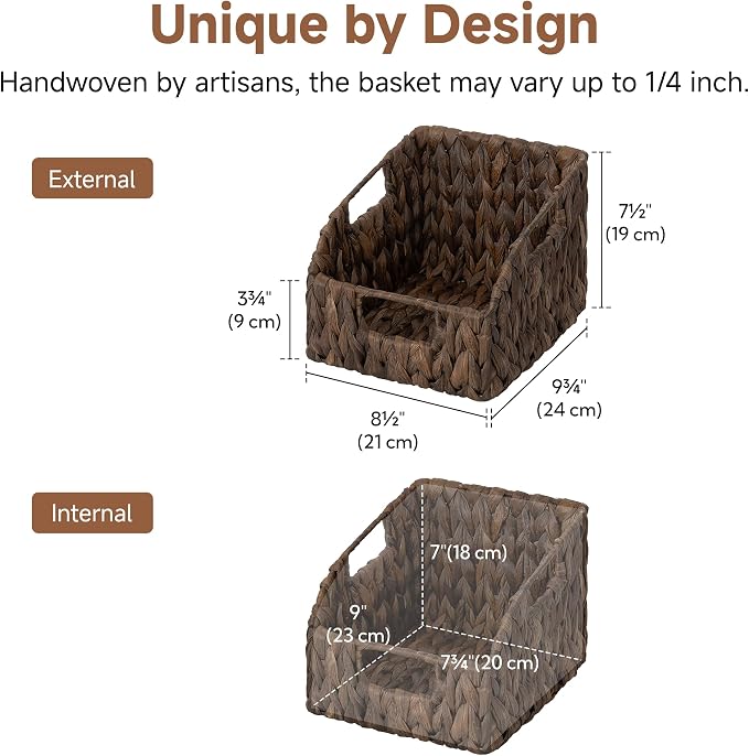 StorageWorks Pantry Baskets for Organizing, Water Hyacinth Storage Baskets for Shelves, Small basket with Built-in Handles, Pantry Organizers and Storage, Brown, Set of 2 - Image 2