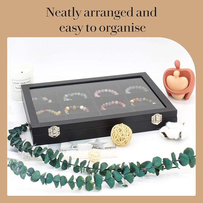 KOOAAICCHI Jewelry Tray Organizer with Clear Lid - 12 Grid Storage Display Case with Lock Earring Ring Organizer Showcase Gifts for Women-Black - Image 2