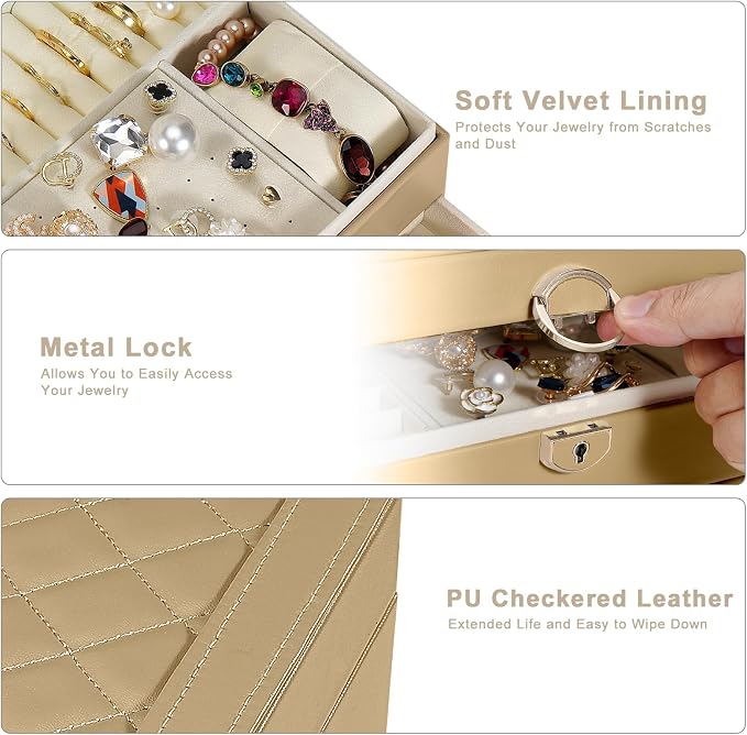GUOER Jewelry Box for Women Girl Wife 3 Layers Large PU Leather Jewelry Organizer Storage Case with Two drawers Display for Earrings Bracelets Rings Watches (Champagne) - Image 4