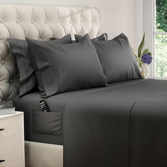 DREAMCARE Queen Sheet Set - 6 pcs Breathable Cooling Bed Sheets - up to 15" Deep Pocket Queen Sheets Set with Side Pockets - Extra Soft 100% Brushed Hypoallergenic Hotel Luxury Bedding - Gray