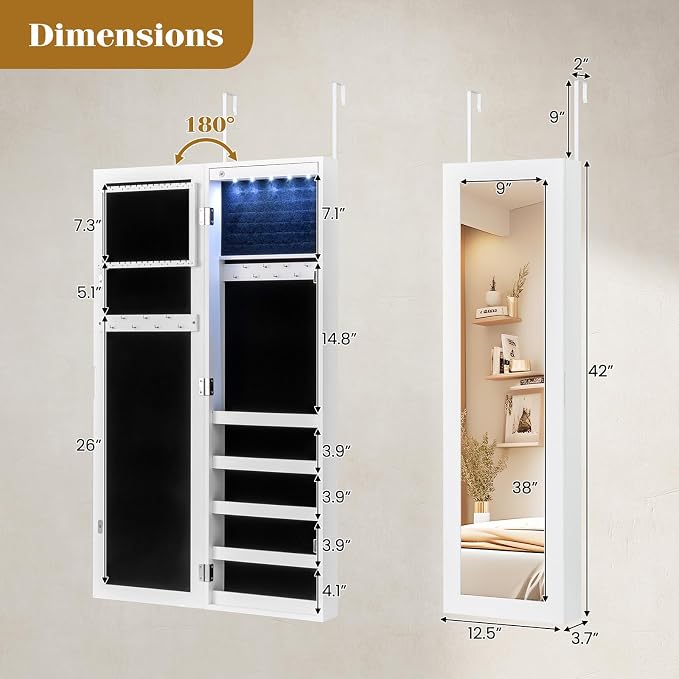 Giantex Wall or Door Mounted Jewelry Cabinet with Full Length Mirror, Over The Door Jewelry Armoire Organizer with Lights, Large Storage with Necklace Hooks, Earring Slots & Shelves (White) - Image 7