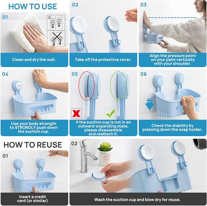 LEVERLOC Shower Caddy Suction Cup 2 Pack, Shower Organizer Removable Bathroom Shelf, Storage for Inside Shower Powerful Suction Max Hold 22lbs Waterproof Holder, Blue - Image 5
