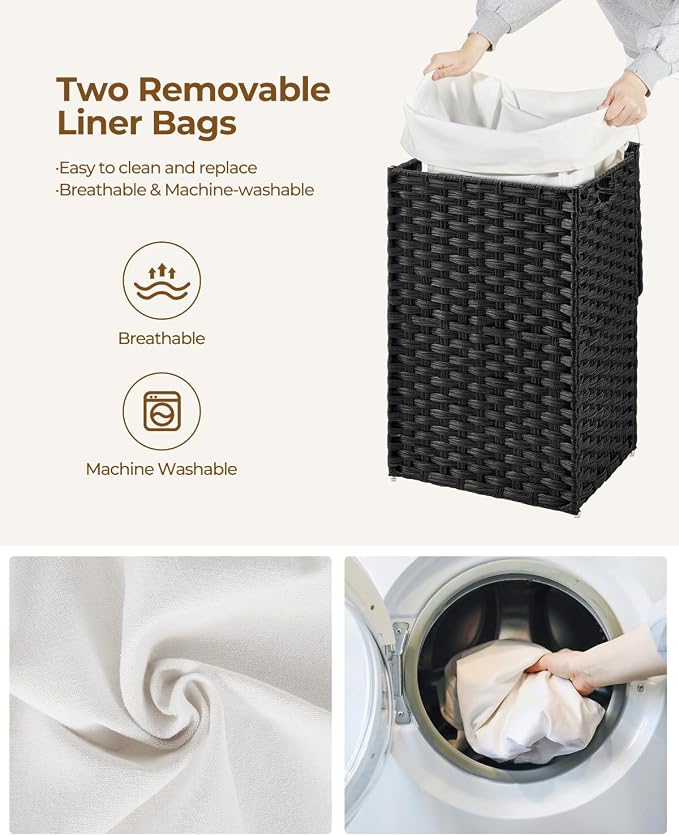 Greenstell Laundry Hamper with Lid, 60L Clothes Hamper with 2 Removable Liner Bags & 2 Mesh Bags, Handwoven Synthetic Rattan Basket, Toys in Bathroom, Bedroom Black - Image 4