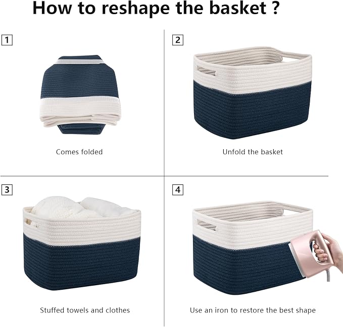 OIAHOMY 4 Pack Storage Baskets for Organizing, Basket for Shelves with Handle, Woven Baskets for Storage Toys, Towels, Books, Cotton Rope Basket 13" L x 9 " W x 7.8 " H, Blue & White - Image 7
