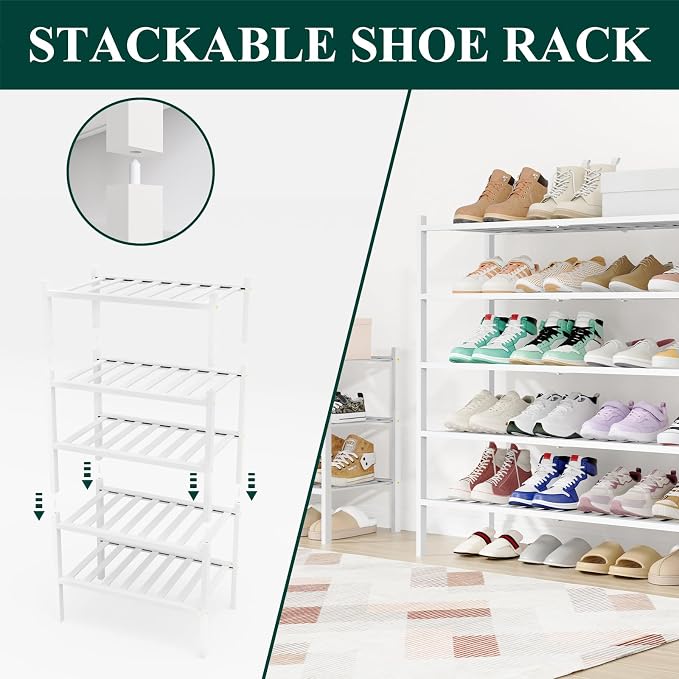 Smiry Shoe Rack, 4 Tier Long Bamboo Shoe Organizer, Stackable Free Standing Wooden Shoe Storage Shelf for Closet, Entryway, Front Door Entrance, White - Image 5