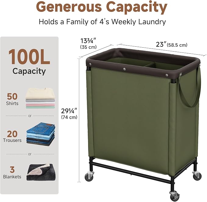 StorageWorks Laundry Hamper 2 Section, 100L Rolling Laundry Sorter Cart with Removable and Washable Liner Bag, Clothes Hamper with Wheels and Handle for Laundry Room and Bedroom, Green - Image 3