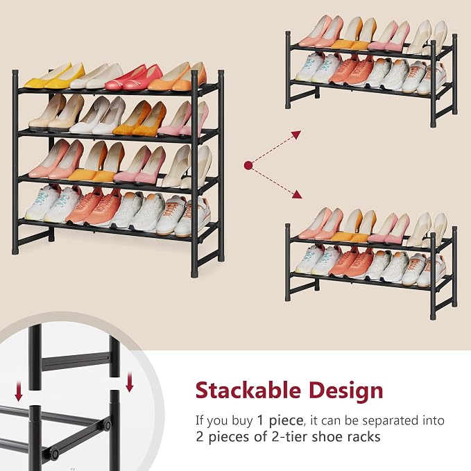 Tajsoon Expandable Shoe Rack for Closet 4 Tier, 29“-41“Adjustable & Stackable Shoe Shelf Storage, Metal Shoe Rack Organizer for Front Door Entrance, Closet, Garage, Entryway, Black - Image 6