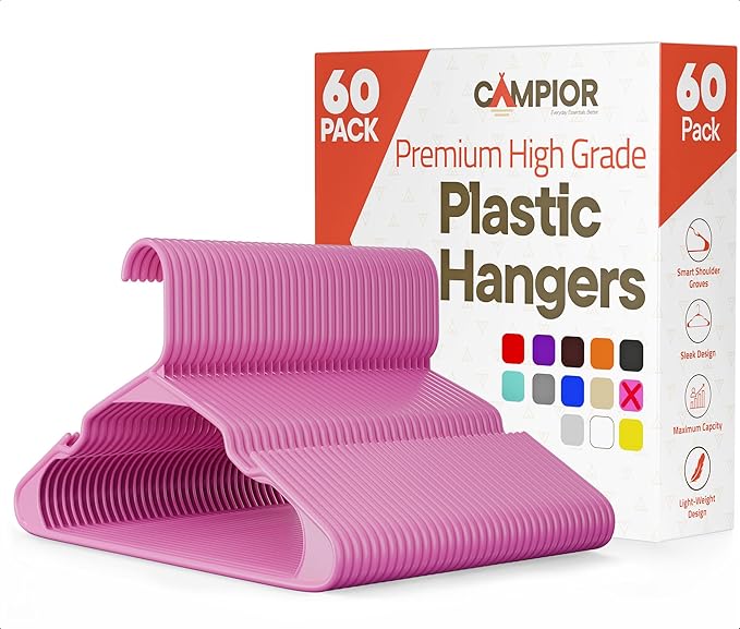 Pink Plastic Hangers 60 Pack– Heavy-Duty Plastic Hangers Slim and Space-Saving, Durable and Lightweight PP with Non-Slip Shoulder Notches for Slip Dresses, Suits, Jackets & Camisoles by Campior