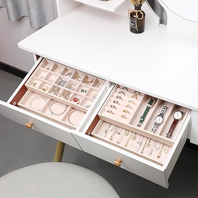 LANDICI Stackable Jewelry Organizer Trays 4 Set,PU Leather Jewelry Organizer Drawer,Jewelry Storage Display Tray for Earring Necklace Rings Bracelet with Removable Dividers,Apricot - Image 6