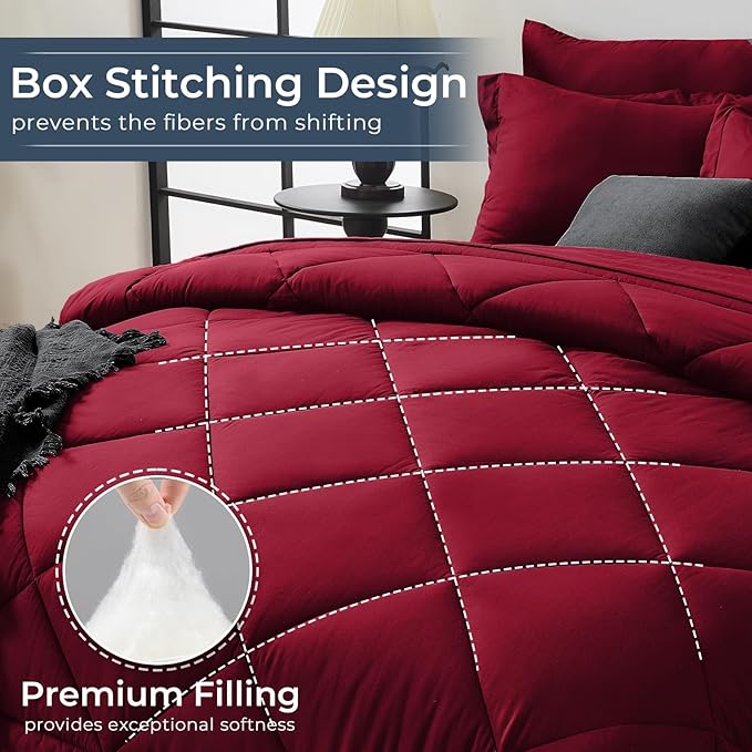 HEVUMYI Red Cali-King Comforter Set - 7-Piece All Season Bed in a Bag Cali-King, Ultra Soft Bedding Set with Comforter, Flat Sheet, Fitted Sheet, Pillowcases, Pillow Shams