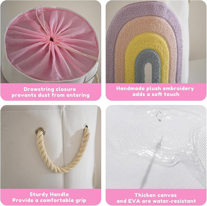 INough Pink Baby Hamper, XL Canvas 58L Laundry Basket with Drawstring Closure, Boho Rainbow Decor - Image 3