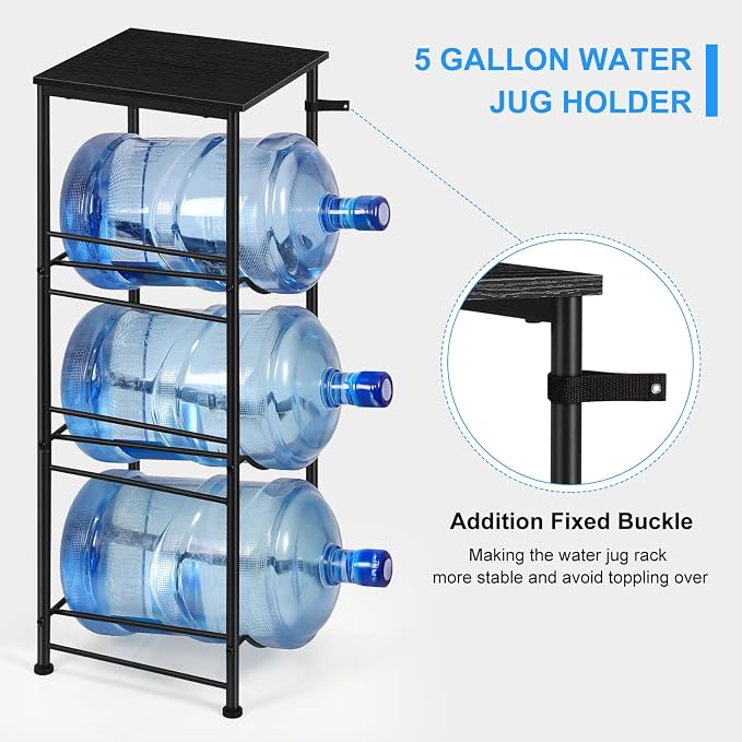 OYEAL Water Jug Holder Stand 5 Gallon Water Bottle Holder Organizer with Shelf, Heavy Duty 3 Tier Water Bottle Storage Rack for Kitchen, Office, Living Room, Black - Image 4
