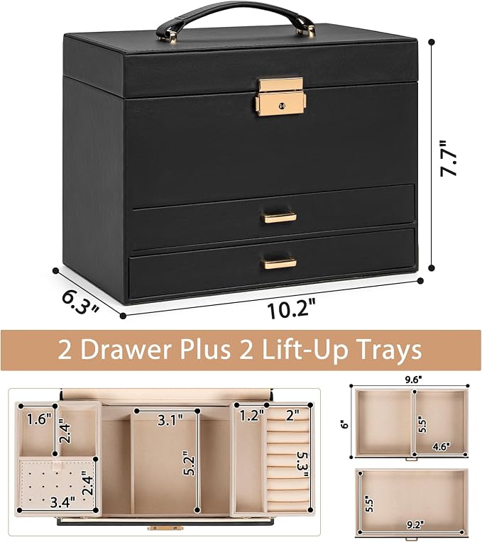 AKOZLIN Travel Jewelry Box Organizer Functional 2-trays Leather Jewelry Storage Case with Lockable Portable 2 Drawers for Women Girls Ring Necklace Earring Bracelet - Image 4