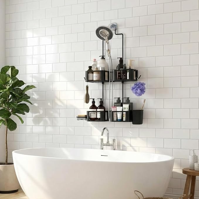Epicano Hanging Shower Caddy for Handheld Showerheads, Anti-Swing Overhead ShowerCaddy with Removable Hooks & Holders for Razor, Sponge, Soap & Toothbrush, Stainless Steel, Black - Image 2