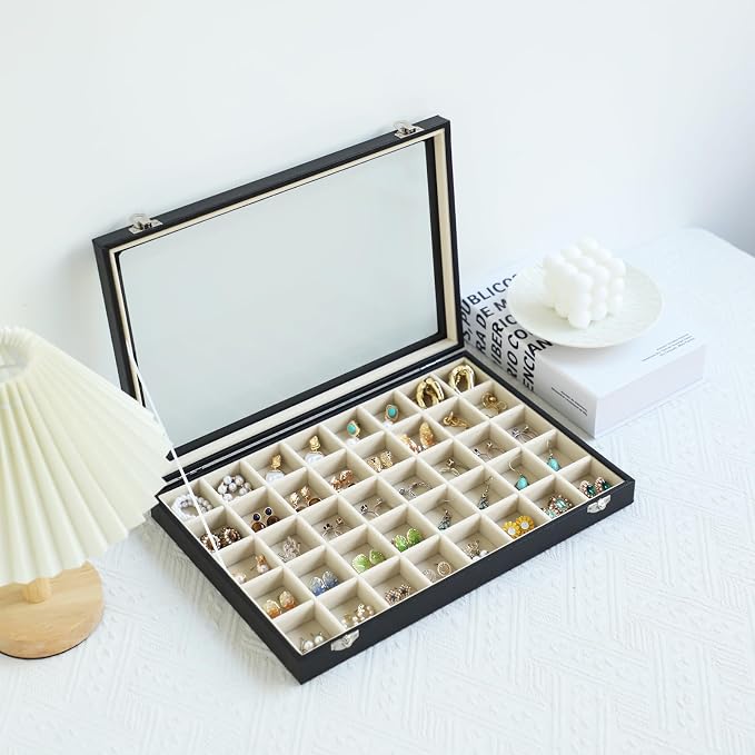 Stratalife Jewelry Organizer 40 Grid Beige Black Jewelry Tray with Clear Dust-proof Lid Velvet Earring Organizer Necklace Rings Holder Display Drawer Storage Case for Women - Image 3