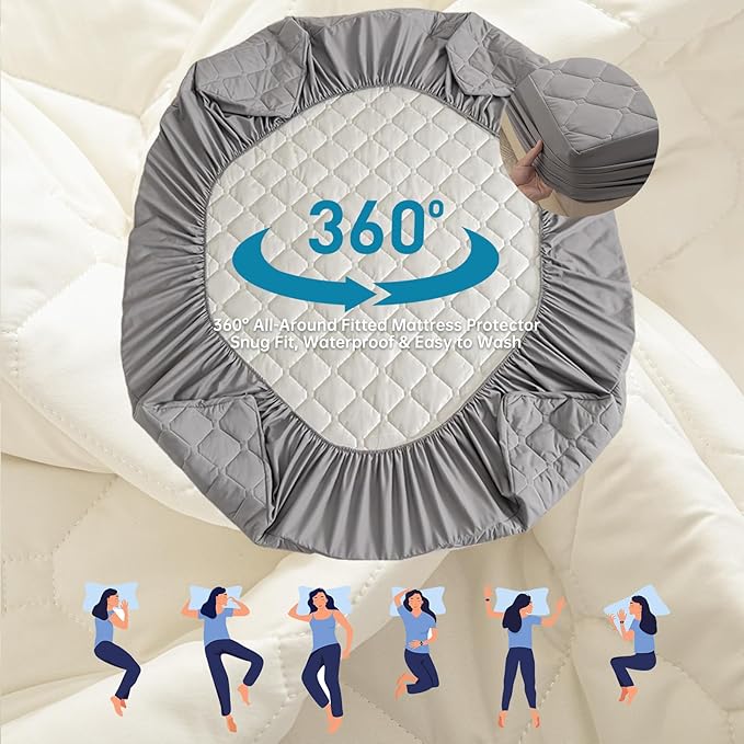 Waterproof Mattress Protector King, 18” Deep Pocket King Mattress Topper+2pcs Pillow Cases - Leakproof, Oeko-TEX Certified, Breathable & Noiseless,Machine Washable (Light Grey)